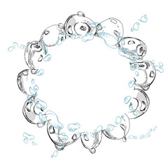 Sweet sour cherry cerise flying in water splashes drops, hand drawn vector ink, ripe line garden berry and leaves. Circle wreath frame illustration. Restaurant cafe menu, farmers market, wedding