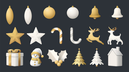 3D gold and white Christmas ornaments isolated collection graphic illustration.