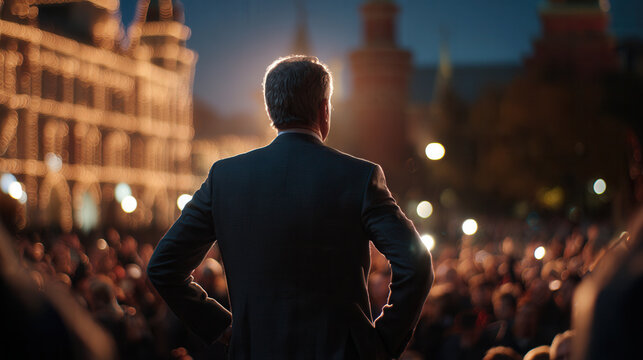 Speaker addresses a large crowd at night in a festive square near historic buildings