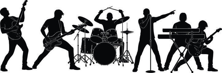Rock band silhouettes playing instruments live, singer guitarist drummer keyboard performance concert illustration