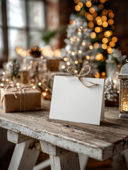 Blank greeting card with rustic twine bow on wooden table decorated with gifts and christmas lights cozy festive background mockup for invitation or message