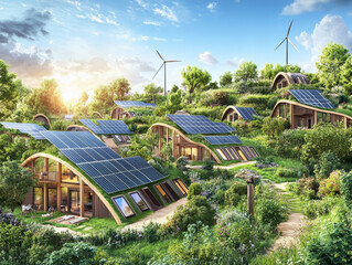 Eco-village energy – Schematic of village powered by solar, wind, and bioenergy sources feeding homes with energy flow arrows.