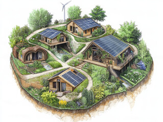 Eco-village energy – Schematic of village powered by solar, wind, and bioenergy sources feeding homes with energy flow arrows.