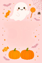 Fototapeta premium Cute halloween frame with ghost pumpkins candies bats and spiderweb on pink background adorable cartoon design for kids party invitation or decoration