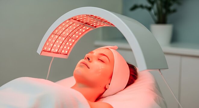 Woman receiving red light therapy for skin rejuvenation and anti-aging.