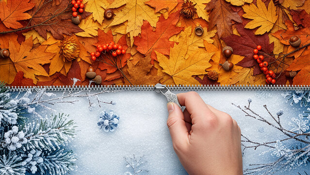 Zipper reveal from autumn leaves to winter frost — concept: seasonal transition, marketing