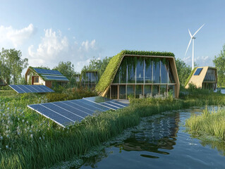 Eco-village energy – Schematic of village powered by solar, wind, and bioenergy sources feeding homes with energy flow arrows.
