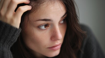 Macro shot of woman examining hair at scalp with hand, showing hair care and health concern concept.