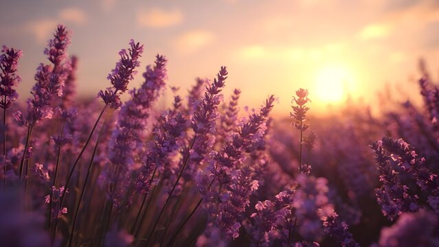 Lavender field at sunset, warm golden light bathing tall purple blooms. Concept Lavender Field, Sunset Photography, Golden Hour Light, Purple Blooms, Warm Lighting