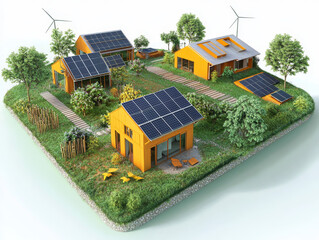 Eco-village energy – Schematic of village powered by solar, wind, and bioenergy sources feeding homes with energy flow arrows.