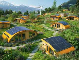 Eco-village energy – Schematic of village powered by solar, wind, and bioenergy sources feeding homes with energy flow arrows.
