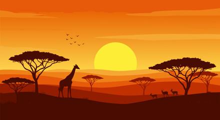 African Savannah at Sunset A Majestic Giraffe and Gazelles Roam Under Acacias