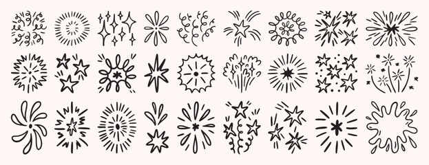 Crayon and scribble firework set of festive elements - doodle black bursts, sparkling stars, swirls and glowing flashes. Hand drawn celebration designs for greeting cards, party and event background.
