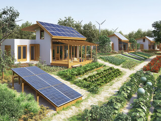 Eco-village energy – Schematic of village powered by solar, wind, and bioenergy sources feeding homes with energy flow arrows.