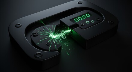 A sleek, futuristic black device emits bright green energy beams and numeric displays light up.