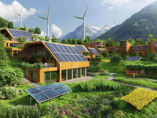 Eco-village energy – Schematic of village powered by solar, wind, and bioenergy sources feeding homes with energy flow arrows.