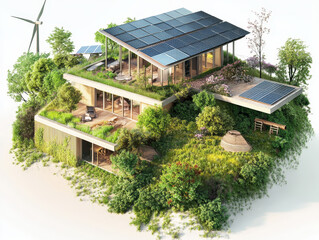 Eco-village energy – Schematic of village powered by solar, wind, and bioenergy sources feeding homes with energy flow arrows.
