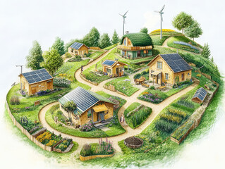 Eco-village energy – Schematic of village powered by solar, wind, and bioenergy sources feeding homes with energy flow arrows.
