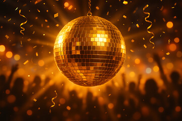 Obraz premium Brightly shining golden disco ball hanging over a blurred new year's eve party crowd with confetti and festive warm bokeh lights
