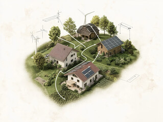 Eco-village energy – Schematic of village powered by solar, wind, and bioenergy sources feeding homes with energy flow arrows.