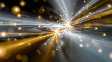Defocused luminous shapes representing higher light entities, beams of gold and white merging into infinite radiance, with copy space.