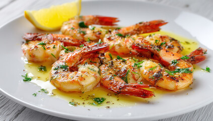 Naklejka premium Grilled shrimp with garlic and herbs served on a white plate with lemon wedge and fresh garnish