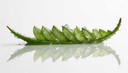 Naklejka premium Freshly cut aloe vera leaf with water droplets resting on a reflective surface