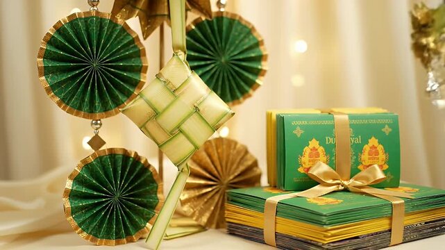 Festive Arrangement with Green and Gold Decorations with String Lights