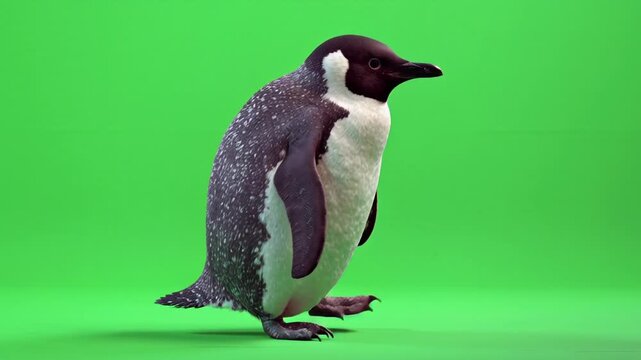 Emperor penguin standing on green screen looking to the side