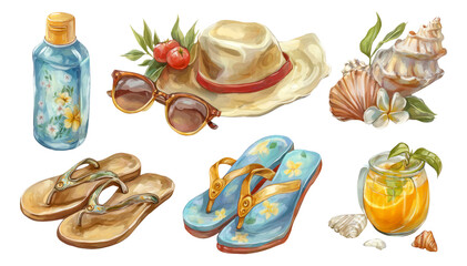 Summer Vacation Essentials with Hat, Sunglasses, Drink, Shells, and Flip Flops