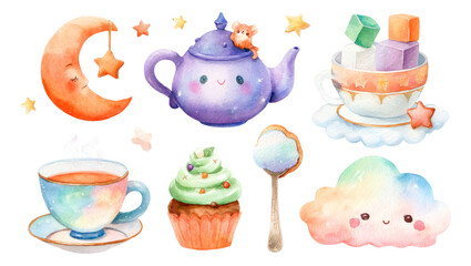 Whimsical Watercolor Collection of Cute Objects with Stars and Pastel Colors