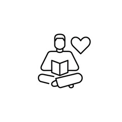 Man reading a book at home and heart. Remote education, love for learning, engaged reading. Pixel perfect, editable stroke vector icon