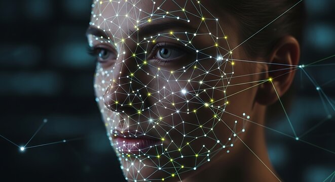 Womans Face with Digital Network Overlay - AI and Technology. - Powered by Adobe