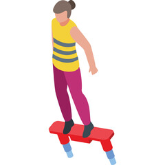 Isometric View Of A Person Standing On A Red Hoverboard Wearing A Yellow Tank Top With Gray Stripes And Pink Pants Against A White Background