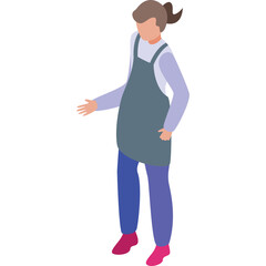Isometric view of a person wearing a gray apron and purple pants with pink shoes gesturing with open hand on transparent background.