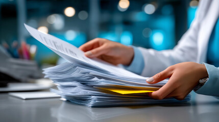 Anonymous office worker's hands organizing documents with blurred figure and crystal clear medical records pile visible, with copy space