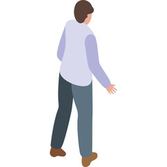 Isometric View Of A Person Wearing A Light Blue Long Sleeved Shirt And Dark Grey Pants Offering A Hand Gesture Against A White Background