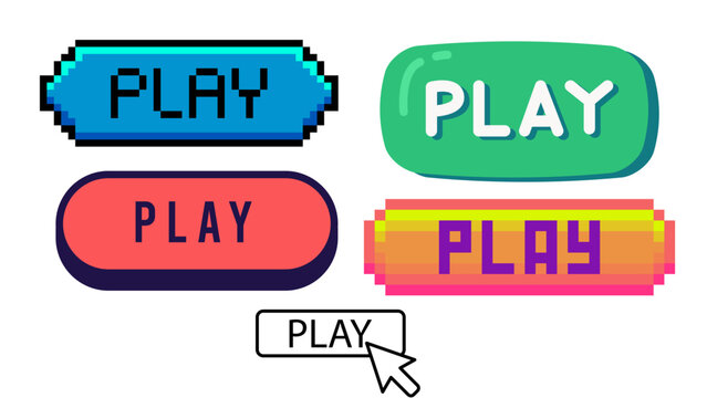 Various colorful game buttons for website design and ui elements with pixelated and rounded styles design elements
