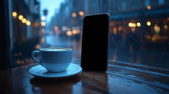 Coffee cup and smartphone by a rainy window on a dark, wet city street. Ideal for lifestyle, technology, travel, or cozy aesthetic blogs and websites.