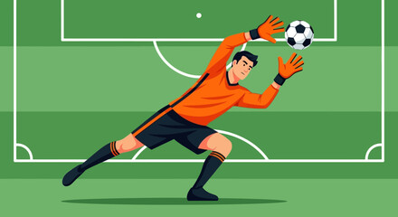 Fototapeta premium Vector Illustration of Soccer Goalkeeper in Action on Green Field in Modern Style