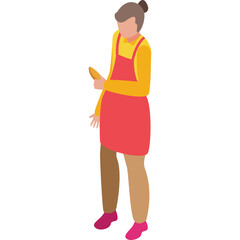 Isometric view of a person wearing a yellow shirt red apron and brown pants holding a small object in right hand with pink shoes isolated on white background