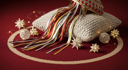 A bejeweled crown rests on a knitted pillow surrounded by ornaments and decorative streamers on a red circular mat