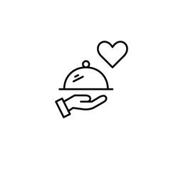 Food cloche in hand and heart. Restaurant service. Pixel perfect, editable stroke vector icon