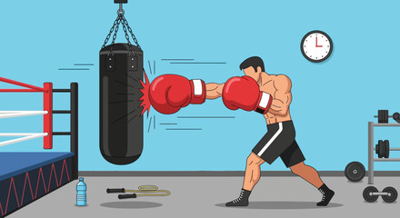 Vector Boxing Illustration of Male Boxer Hitting Punching Bag in Modern Commercial Style with Dynamic Action and Bright Colors