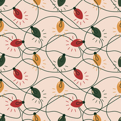 Holiday vector colorful light garland on beige background in flat style. For Christmas, New year, birthday and anniversary greeting cards, invitation or background.