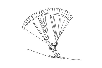 Continuous one line drawing person is paragliding, suspended beneath fully inflated chute and flying low over a slope, thrill and airborne freedom. Single line draw design vector graphic illustration