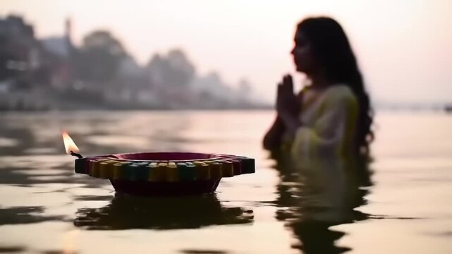 Diya on water with praying person.