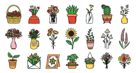 Home flowers set bouquets potted plants and vases, cozy hand drawn doodle style.
