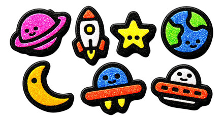 Bright Glittery Space Icons Including Planets, Rockets, Stars, and Aliens Isolated on Background