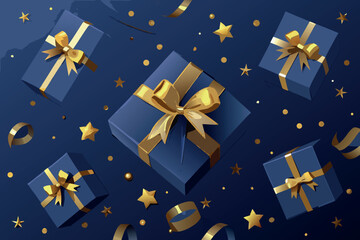 Elegant blue gift boxes with gold ribbons and stars